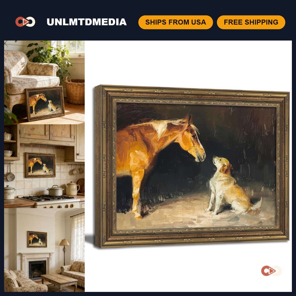 Vintage Gold Framed Wall Art - Rustic Horse & Dog Farmhouse Decor 12x16in